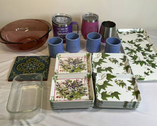 Lot 49: Assorted Kitchenware Set with Glassware Mugs and Trays