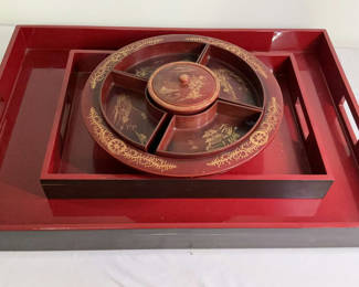 Lot 37: Asian MCM Red Lacquer Trays And Serving Piece.