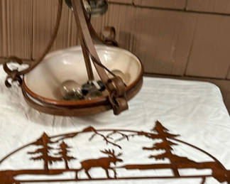 Lot 121: Rustic metal ceiling light and circular welcome sign with deer and trees