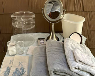 Lot 97: Monogrammed Beige Towels and Bathroom Accessories