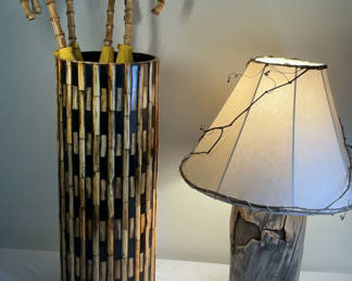 Lot 73: Vintage Bamboo Umbrella stand & umbrellas, wood trunk base lamp