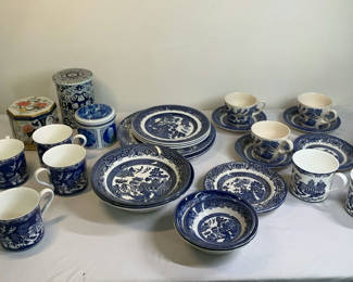 Lot 39: Blue and White China Dinnerware Set with Cups, Plates, and Tins