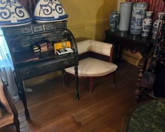 Rolltop Desk, Vintage Rectangular Chair and Blue and White Pieces