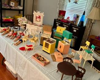 Vintage Barbies, Ken, furniture, clothing and accessories.