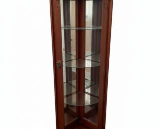 Vintage Lighted Corner Curio Cabinet with Mirrored Back and Carved Details
