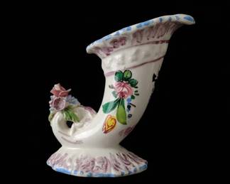 Vintage Italian Ceramic Hand Painted Cornucopia Vase with Applied Flowers