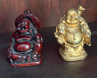 Pair of Miniature Budai Figural Statues Red Resin and GoldTone Metal