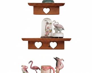 Vintage Flamingo Figurine Collection with HeartCutout Corner Shelves