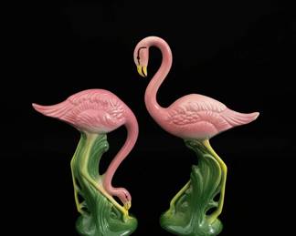 Vtg MCM Ceramic Pink Flamingo Figurines California Pottery s Art Deco