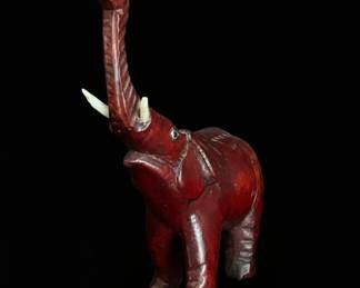Vintage HandCarved Red Wood Elephant Figurine with Inlaid Tusks