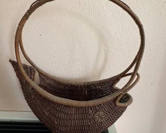 Vintage Woven Wicker Cradle Basket with Arched Handle
