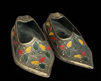 Pair of Vintage Metal Mini Embossed Shoe Personal Ashtrays w or Painted Floral Pattern