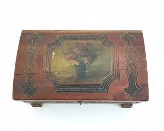 Vintage Carved Cedar Jewelry Box with Decoupage Floral Lid