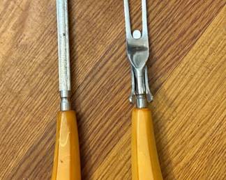Vintage butterscotch Bakelite meat fork w/ stihl