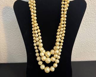 Hattie Carnegie Vintage Baroque Faux Pearl Demi Parure Triple Strand  Necklace