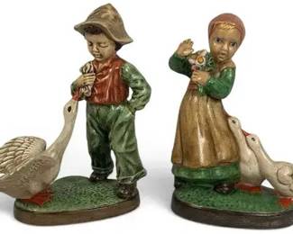 Vintage Boy & Girl with Geese Figurines – Hand-Painted Farm Scene Collectibles, Holland Mark