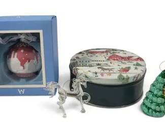 4 Christmas Ornaments & Tin – Wedgwood Ball, Hand-Blown Glass Unicorn & Snowman