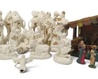 2 Vintage Nativity Scene Sets – Made in Italy Lighted Stable & Glazed Pottery Figures