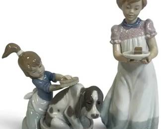 2 Lladró Girl Figurines – Vintage Spanish Porcelain Girls with Dog & Serving Tray