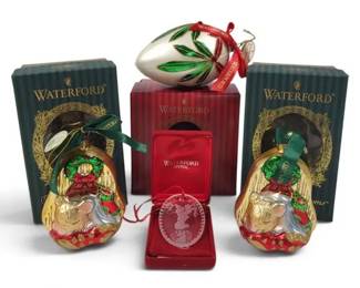 4 Waterford Crystal Christmas Ornaments – Santa & Holly Egg Decorations w/ Original Boxes
