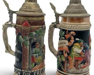2 Vintage German Beer Steins – Ornate Pewter Lids, Hand-Painted Scenic Relief & Ceramic Bodies