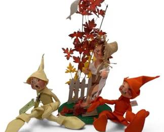 3 Annalee Dolls – Fishing Boy & 2 Vintage Elves, 1990 Fall Harvest Display Collectibles