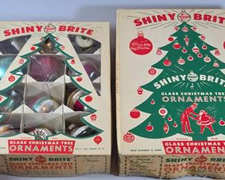 Multiple boxes of Shiny Brite and other vintage Christmas ornaments