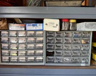 Multi-drawer plastic hardware storage organizers and contents