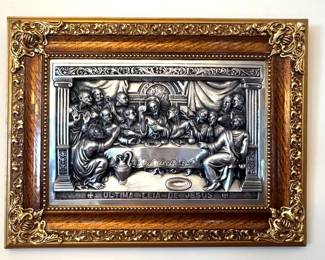 Vintage 3D metal repousse or bas-relief wall art plaque depicting The Last Supper