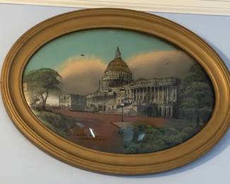 Vintage reverse painting on convex bubble glass depicting the U. S. Capitol Building in Washington, D. C.