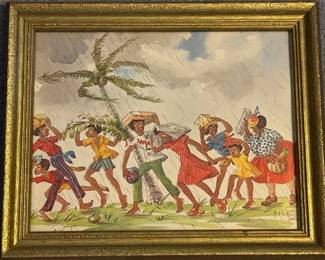 One of two vintage framed M. K. Rhodes watercolor prints of Jamaican village life