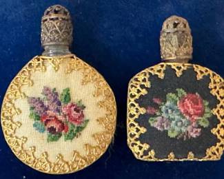 Antique miniature perfume bottles with floral embroidery, filigree trim and glass dauber stoppers