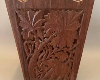 Vintage carved wood trash can