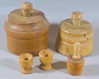 Vintage wooden butter molds and egg cups