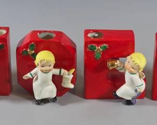 1956 Napco "Happy Yuletide Quartet" ceramic letter vases and candle holders with original box