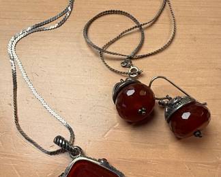 Sterling Silver Carnelian Pendant and Earrings Set