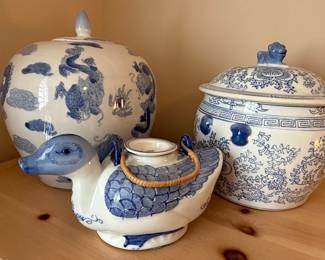 Blue and White Ceramic Collection - Ginger Jar, Lidded Jar, and Duck Teapot