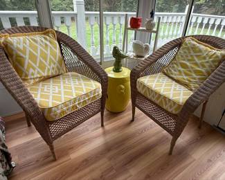 Wicker Barrel Style Armchairs with Geometric Cushions