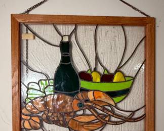 Stained Glass Lobster, Wine Bottle, and Fruit Panel