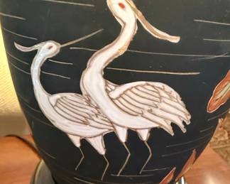Vintage Asian Crane Motif Ginger Jar Table Lamp