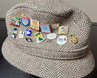 Kangol Herringbone Tweed Hat with Collection of Olympic and USGA Pins