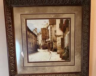 European Village Street Scene Etching Style Framed Print