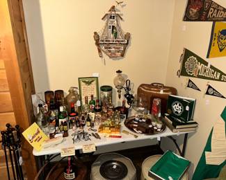 Vintage liquor and mid century pennants!   MSU memorabilia 
