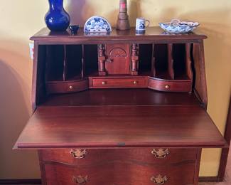 Antique drop front secretary with original manufaturer's tag on back