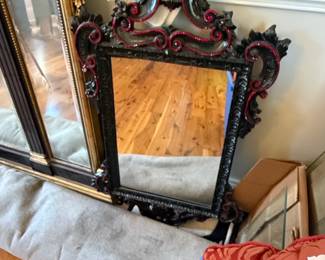 Black Baroque Mirror with Red Accents and Glitter Detail