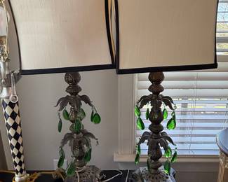 Pair of Loevski Style Green Lucite and Brass Hollywood Regency Lamps