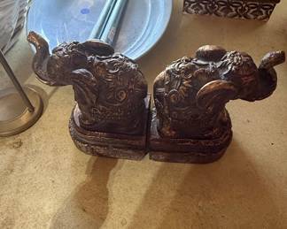 Vintage Ornate Elephant Bookends - Gold Bronze Finish