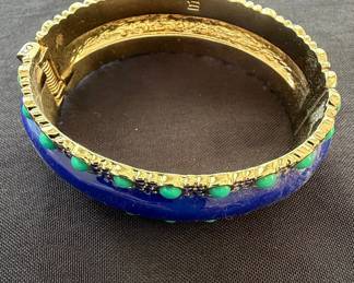 Kenneth Jay Lane Cobalt Blue Enamel and Turquoise Cabochon Hinged Bangle