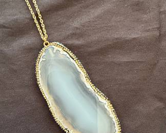 Gold Plated Agate Slice Pendant Necklace with Crystal Border