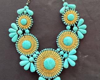 Southwestern Style Turquoise and Gold-Tone Bib Necklace